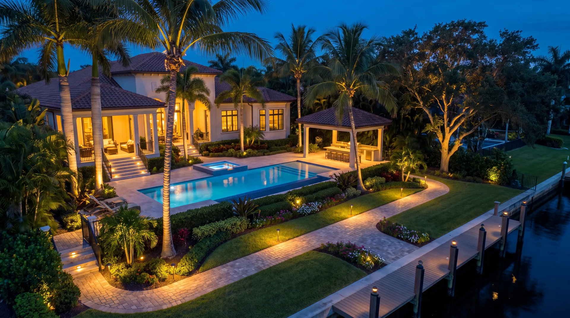 A luxury estate backyard at night with landscape lighting on the palms, the oak, the pool, the garden path and the dock