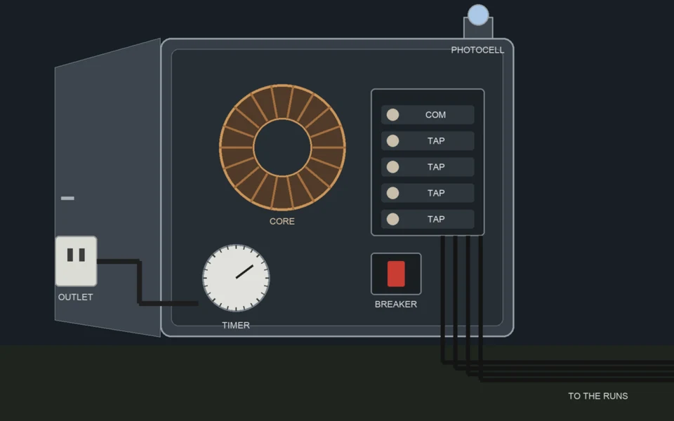 A drawn cutaway of a landscape lighting transformer