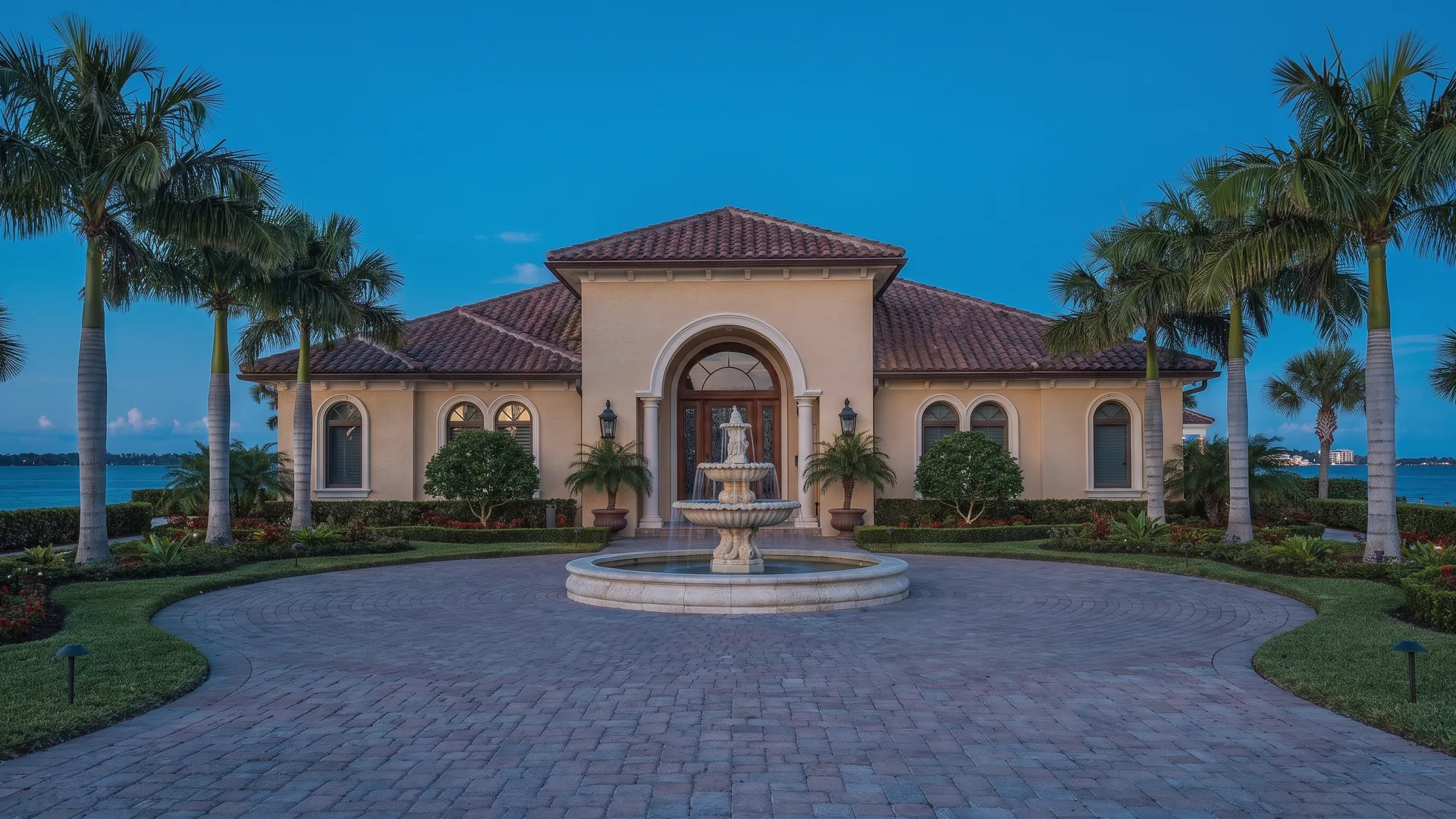 A waterfront house at dusk with a fountain in a paved motor court, framed by palms