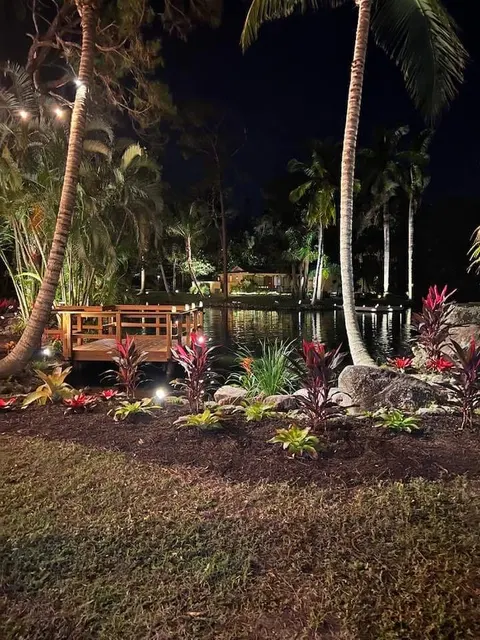 A dark lakeside garden with only low light at the water