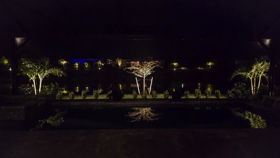 The view from inside a screened lanai at night: a dark pool, uplit palms and planting beyond the screen, lights across the water