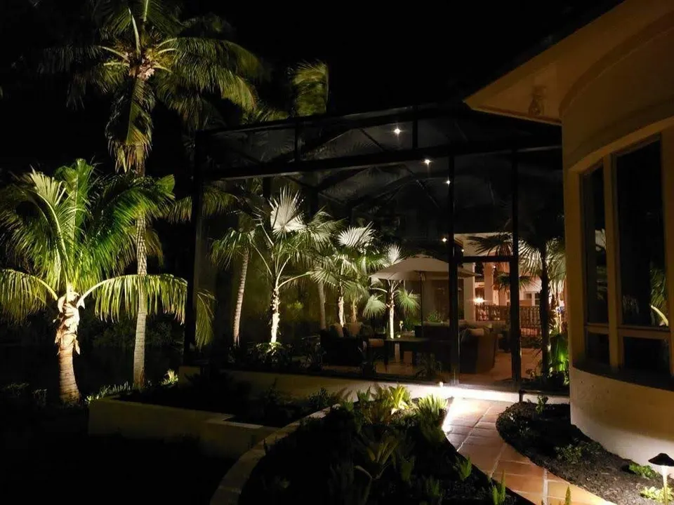 A screened lanai at night seen from outside, with palms lit beside it