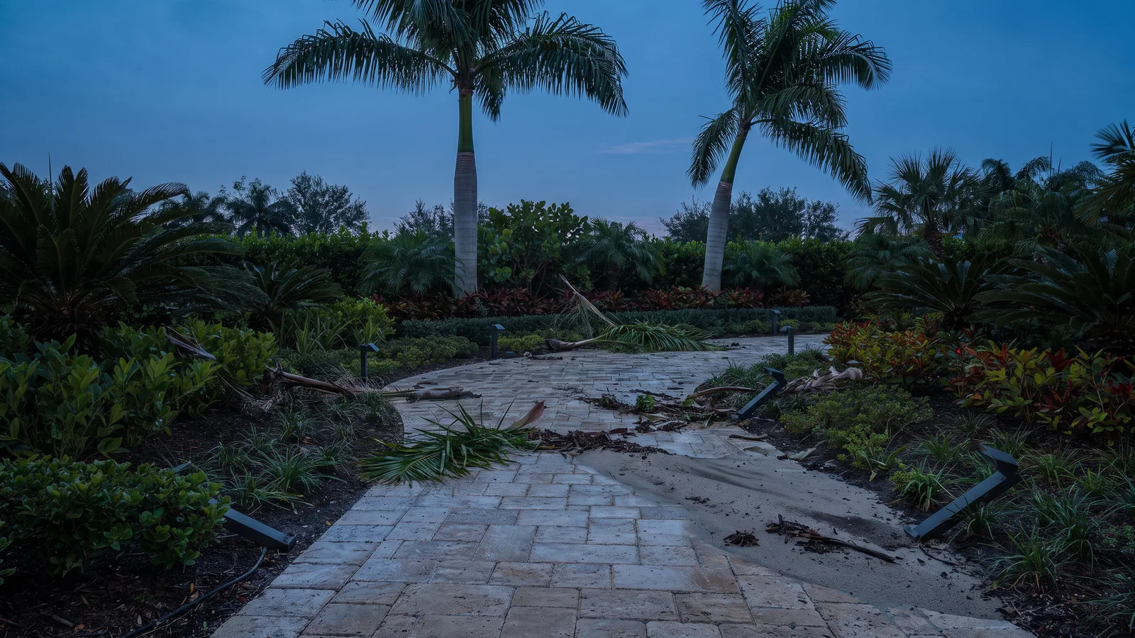 A garden walkway with path lights, after a storm and after it was put right
