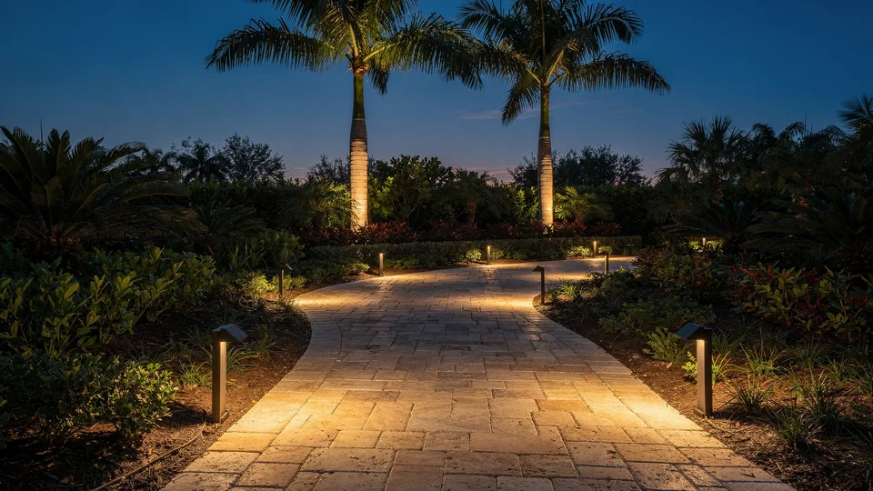 Illustration of a paver walk at night lit by low path lights between palms