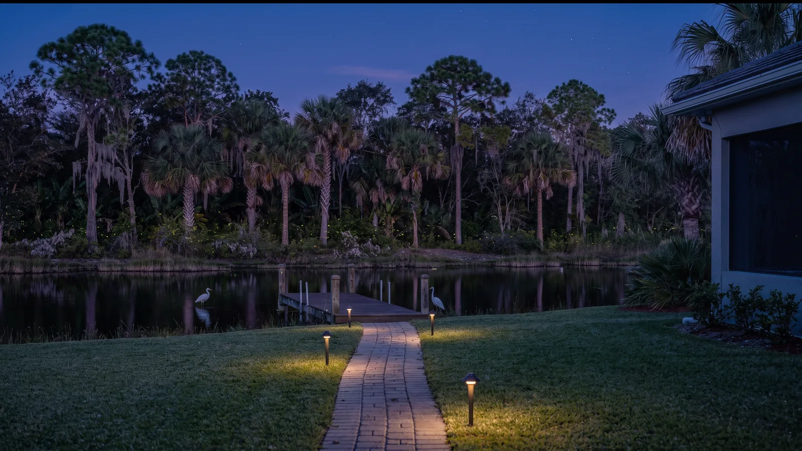 The back lawn of a lakefront home beside a native preserve at dusk, egrets in the shallows