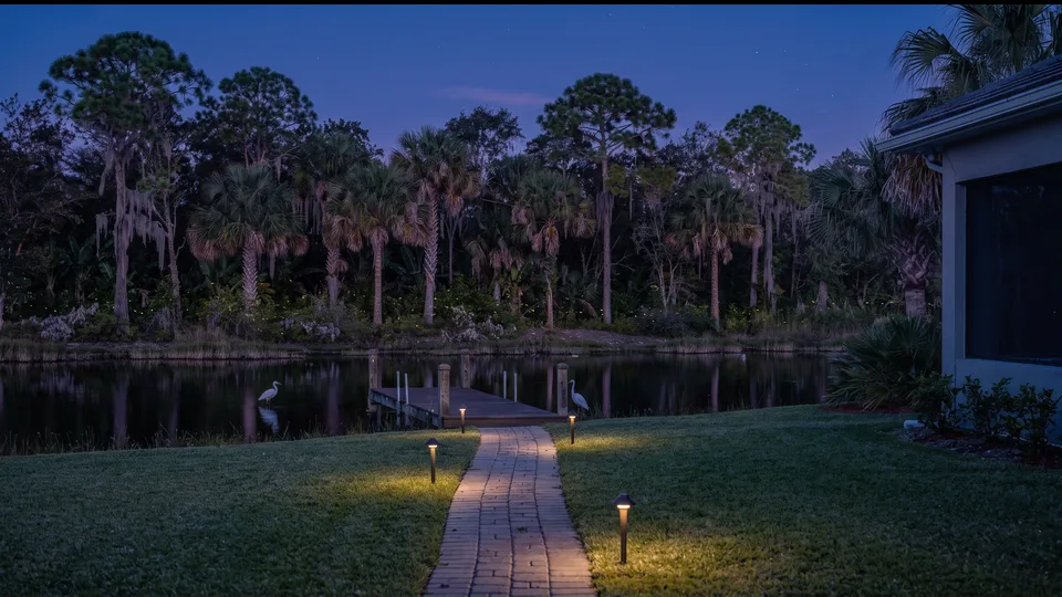 Illustration of a dark lawn running down to still water and a stand of native trees at dusk, egrets in the shallows