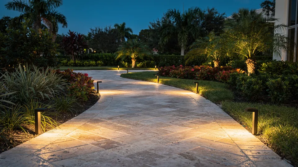 Illustration of low path lights along a garden walk at dusk
