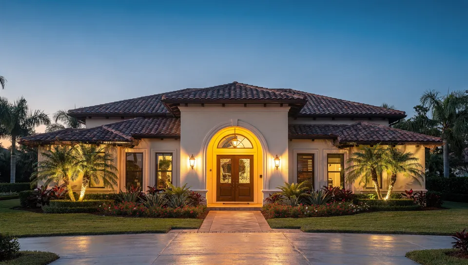 Illustration of a single-story stucco home with an arched entry, its facade washed in soft even light