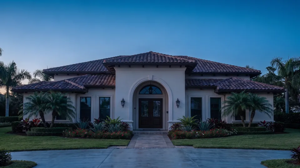 The front of a single-story house at dusk, entry in the middle and planting either side